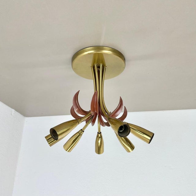 Italian Brass Theatre Ceiling Light in the style of Stilnovo, Italy, 1950s For Sale - Image 3 of 17