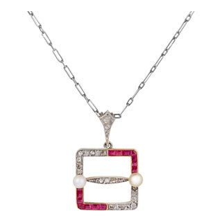 1910s Edwardian Diamond Ruby Pearl 18k Yellow Gold Platinum Necklace For Sale