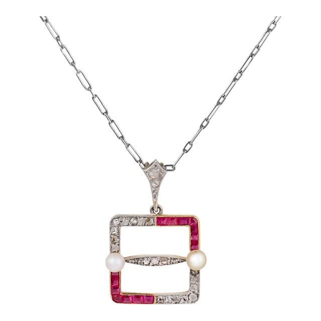 1910s Edwardian Diamond Ruby Pearl 18k Yellow Gold Platinum Necklace For Sale