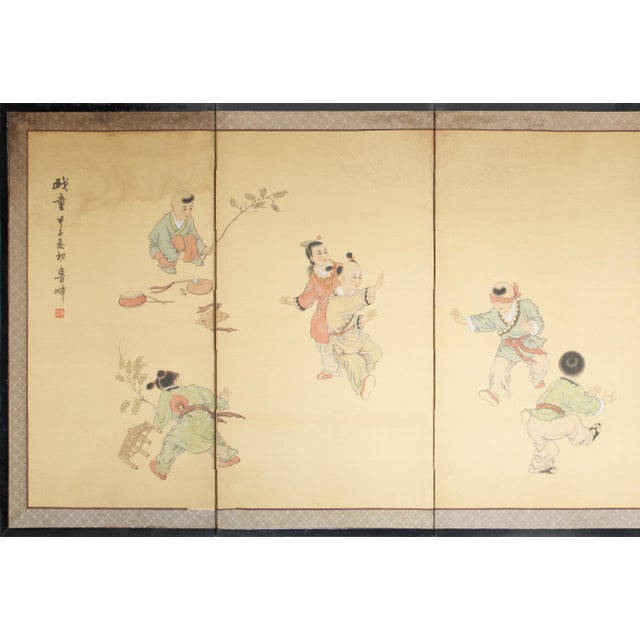 Lovely vintage Chinese painted silk 4-panel screen "Hide-and-Seek". Signed and sealed by artist. Masterfully painted....