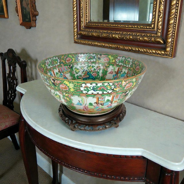 Large and finely decorated Chinese export porcelain punch bowl in the classic Rose Medallion pattern, executed in the...