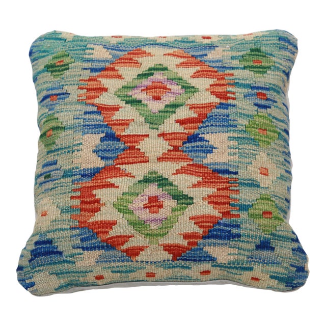 Arteverk Handwoven Afghan Kilim Pillow — Blue & Green Diamond Medallion For Sale