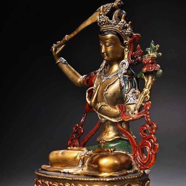 Traditional Late 20th Century Gilt Bronze Manjushri Statue Bodhisattva Sword Lotus Sculpture 7.9" For Sale - Image 3 of 9