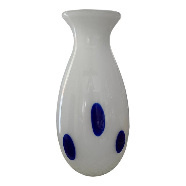 Murano Mid-Century Hand Blown Glass Vase. White and Cobalt. 11” Tall For Sale