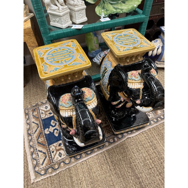Chinoiserie Vintage Colorful Black Porcelain Elephant Garden Stools, a Pair For Sale - Image 3 of 12