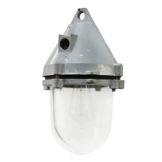 Industrial Clear Glass & Grey Pendant Light For Sale - Image 6 of 6