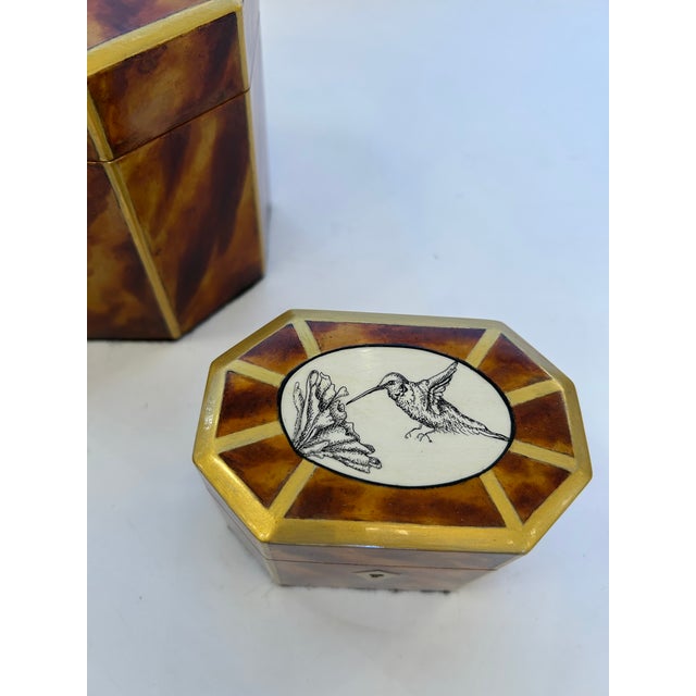 Modern Artist Hand Painted Faux Tortoise & Pen & Ink Decorative Boxes - Set of 3 For Sale - Image 3 of 18