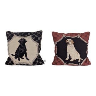 Vintage Loie Chocolate Lab and Yellow Lab Needlepoint Pillow Pair For Sale