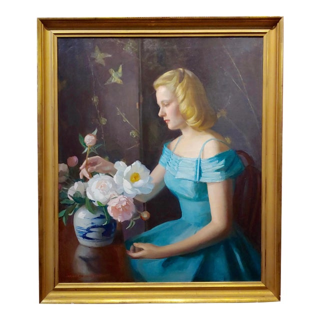Marguerite Stuber Pearson -Woman in Blue Arranging Her White Roses-Oil Painting For Sale