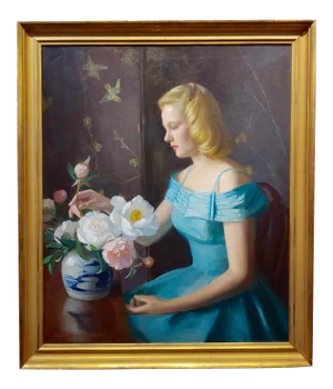 Marguerite Stuber Pearson -Woman in Blue Arranging Her White Roses-Oil Painting