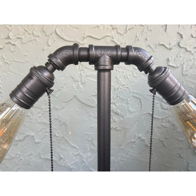 Silver Mercantile Design Industrial Pipe Table Lamp With Dual Edison Sockets on Solid Wood Base For Sale - Image 8 of 11