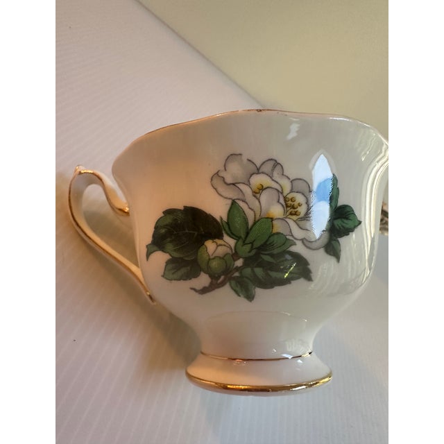 Bottle Green Vintage Royal Albert England "Lady CLARE"Sign A.Wagg Teacup and Saucer Set White Gardenia Green Leaves For Sale - Image 8 of 18
