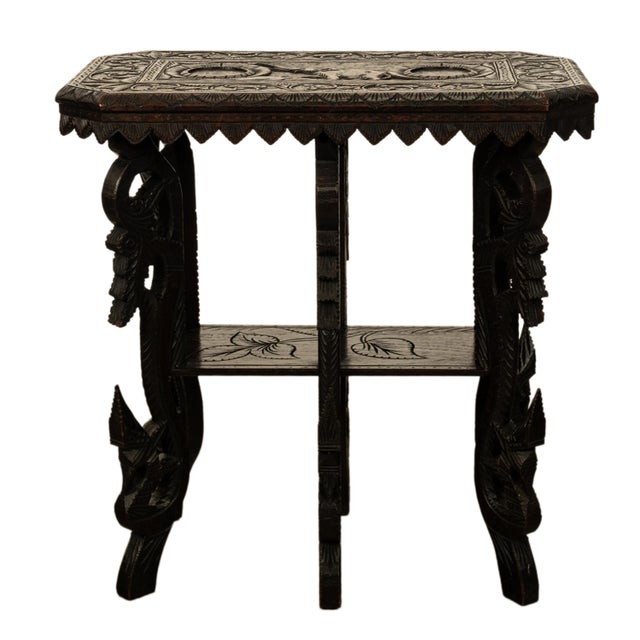 Brown Antique Carved Anglo Indian Teak Wood Elephant Twin Tier Lamp Side Table 1900 For Sale - Image 8 of 17