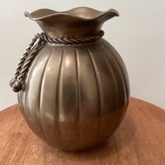 Metal Mid 20th Century Penco Brass Vase W/Fluted Sides, Scalloped Top and Decorative Rope Tie For Sale - Image 7 of 12