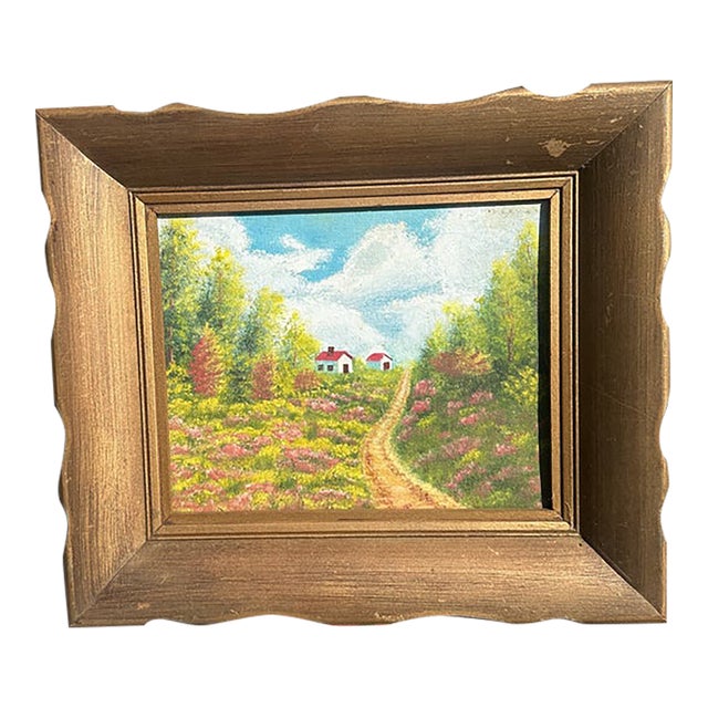 Small Signed Gold Framed Farmhouse and Foliage Landscape Painting on Canvas For Sale