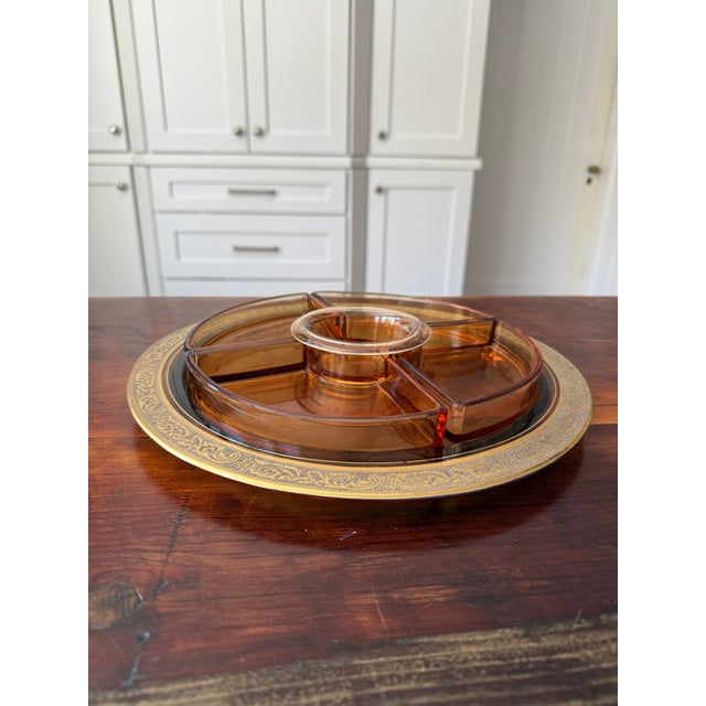 Early 20th Century Cambridge Glass Co. Gold Encrusted Amber Glass Divided Relish Dish With Center Insert - 6-Piece For Sale In Philadelphia - Image 6 of 12