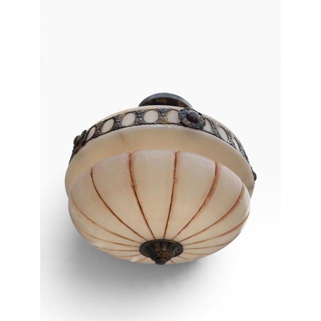 Late 20th Century Art Deco Mariner s.a. Spanish Cast Brass & Molded Alabaster Glass Inverted Bowl Chandelier For Sale - Image 4 of 9