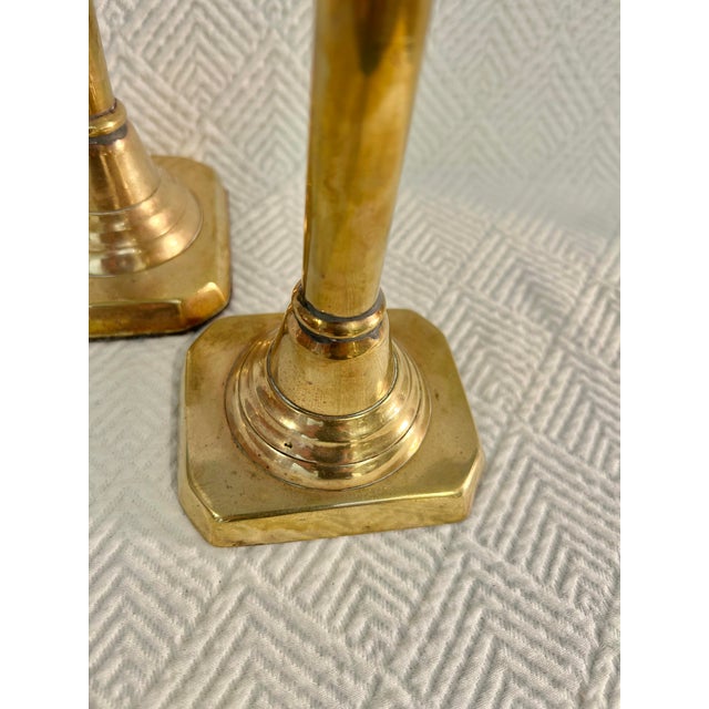 Mid to Late 18” Solid Brass Column Form Candlesticks With Octagonal Bases Vintage Hollywood Regency For Sale In New Orleans - Image 6 of 7