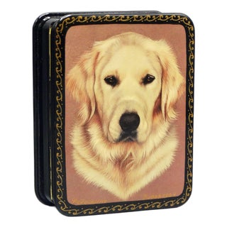 Russian Lacquer Papier Mache Box With Golden Retriever Dog Portrait For Sale