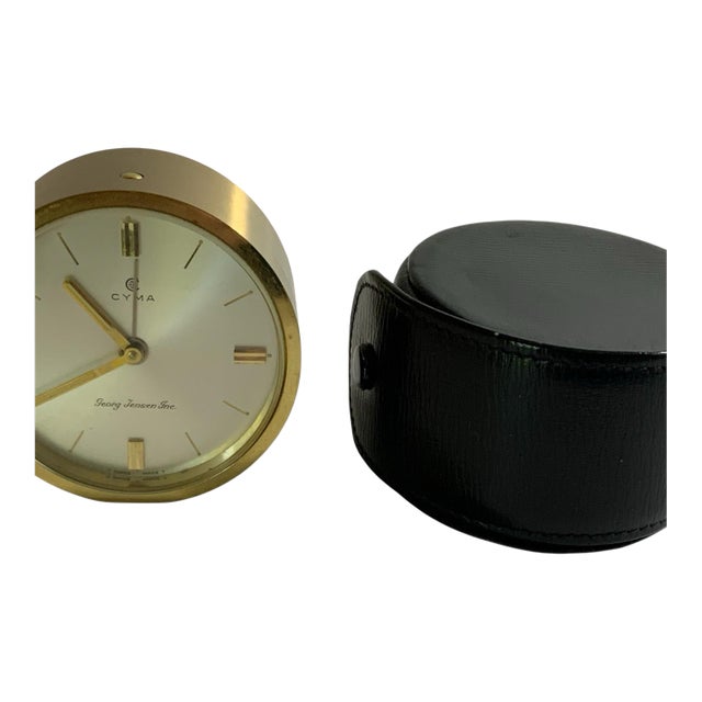 Rare Vintage Cyma 11-Jewel Swiss Mechanical Travel Alarm Clock Georg Jensen Inc. MCM W/Case 1950s-1960s For Sale
