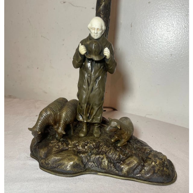 Metal Antique Bronze Figural Sheep Herder Tree Carved Electric Table Lamp Sculpture For Sale - Image 7 of 18