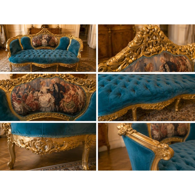 1900s French Louis XVI Blue/Green/Teal Velvet Sofa Set-5 Pc For Sale - Image 15 of 18