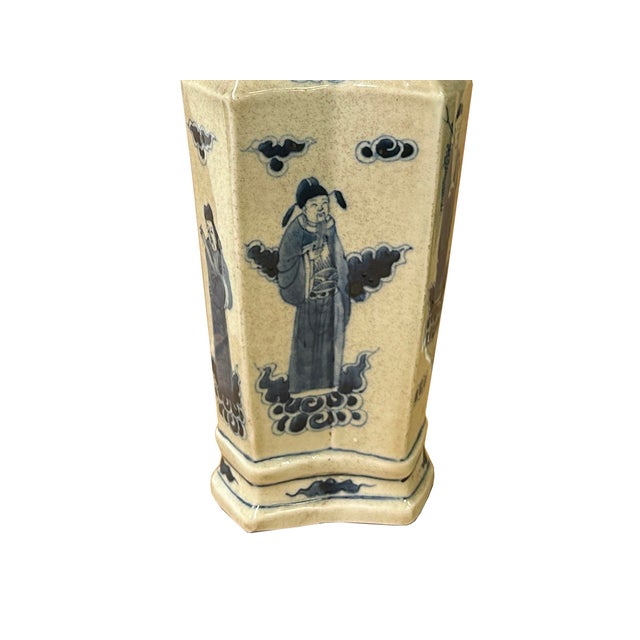 Vintage Rhombus Shape Blue White Eight Immortal Graphic Porcelain Vase For Sale - Image 12 of 18