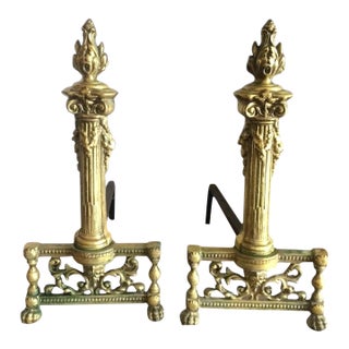Antique Andirons, Neoclassical Style Andirons, Brass For Sale