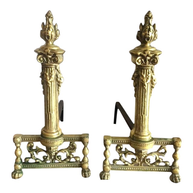 Antique Andirons, Neoclassical Style Andirons, Brass For Sale