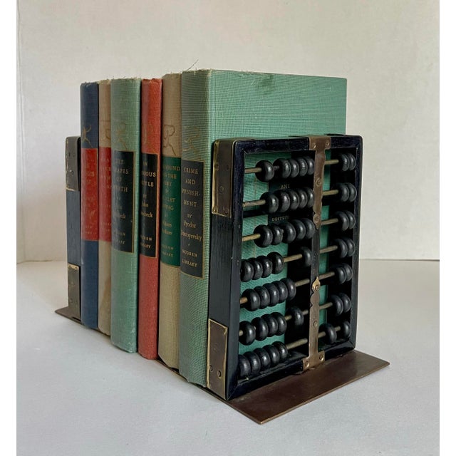 Vintage Hong Kong Brass & Black Abacus Bookends With Movable Wood Beads For Sale - Image 9 of 10