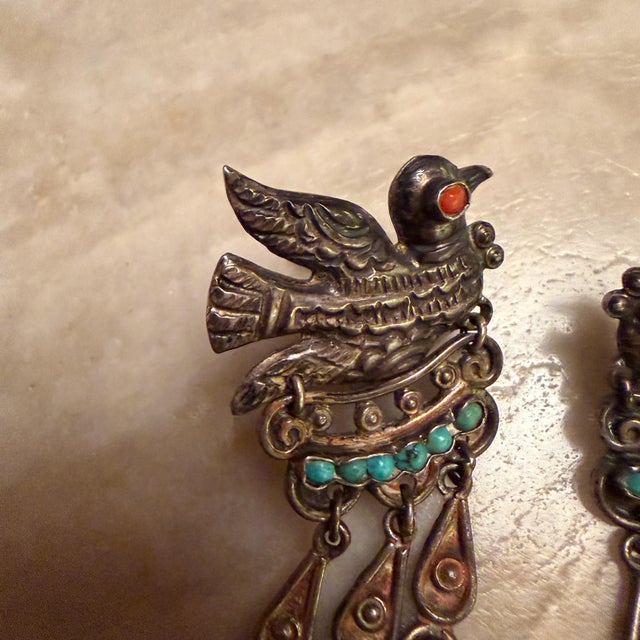 Vintage DoveMexican Sterling Silver Earrings Matilde Poulat Matl Turquoise Coral For Sale - Image 9 of 15