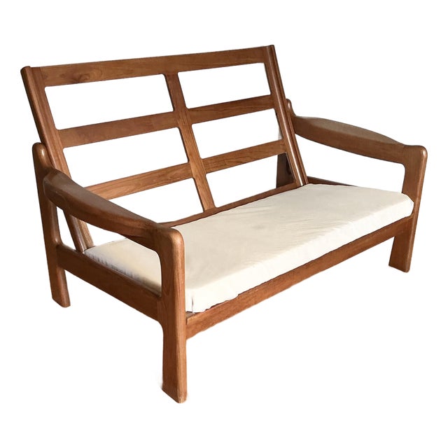 Vintage Mid Century Modern Danish Solid Teak Loveseat Lounge, Circa 70s For Sale