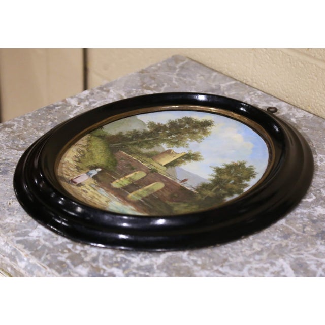 Metal 19th Century French Oval Landscape Oil Painting With Bridge and Ruins For Sale - Image 7 of 9