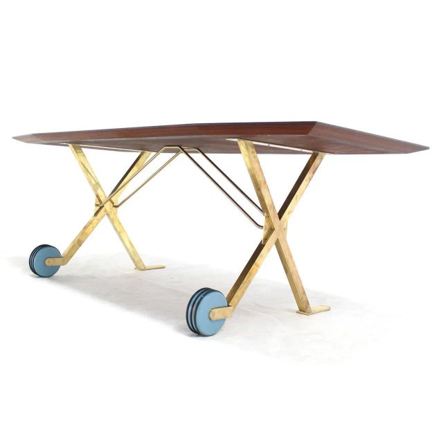 Mid-Century Modern Mid-Century Modern Brass X Base on Wheels Dining Table For Sale - Image 3 of 7