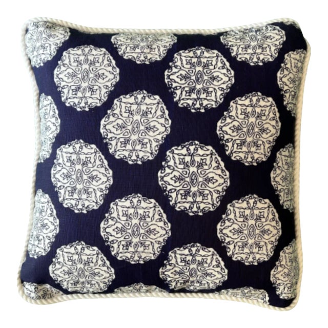 Ananda Indigo Blue and White Hand Block Decorative Square Pillow With Down Feather Insert For Sale