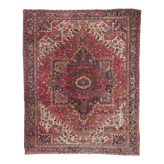 Early 20th Century Antique Persian Heriz Rug, 11'09 X 14'07 For Sale