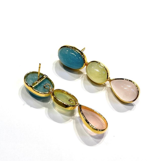 Bochic "Orient" Vintage Pink Quartz, Turquoise & Peridot Earrings Set 18K Gold & Silver Natural Pink Quartz Cabochon Pear...