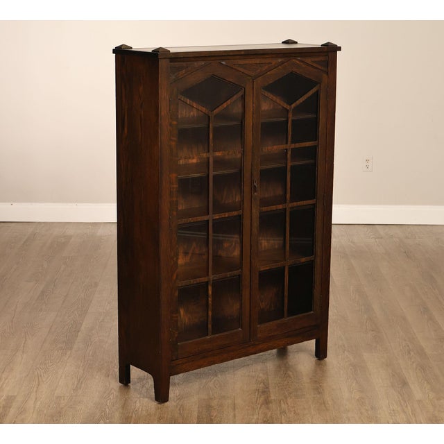 High Quality American Made Antique Mission Style Oak Bookcase Featuring Two Glazed Doors With Geometric Mullions, Four...