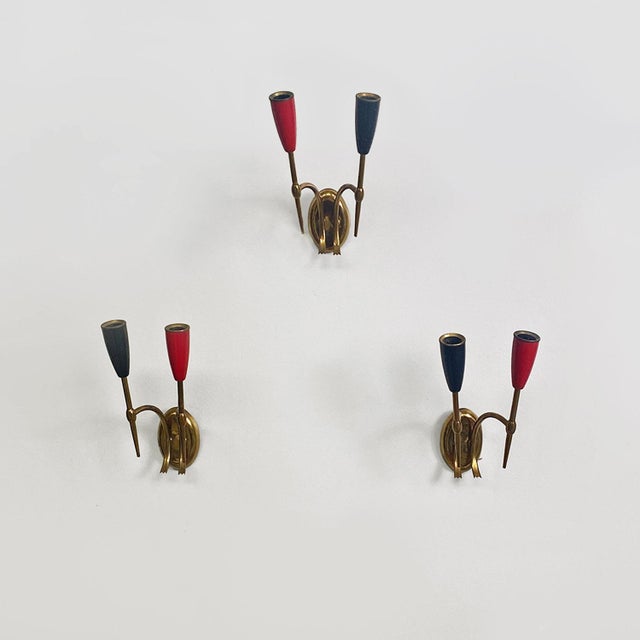 Mid-Century Modern Italian Two-Arm Brass Wall Lamps with Cone Lamp Holder, 1950s, Set of 3 For Sale - Image 3 of 16