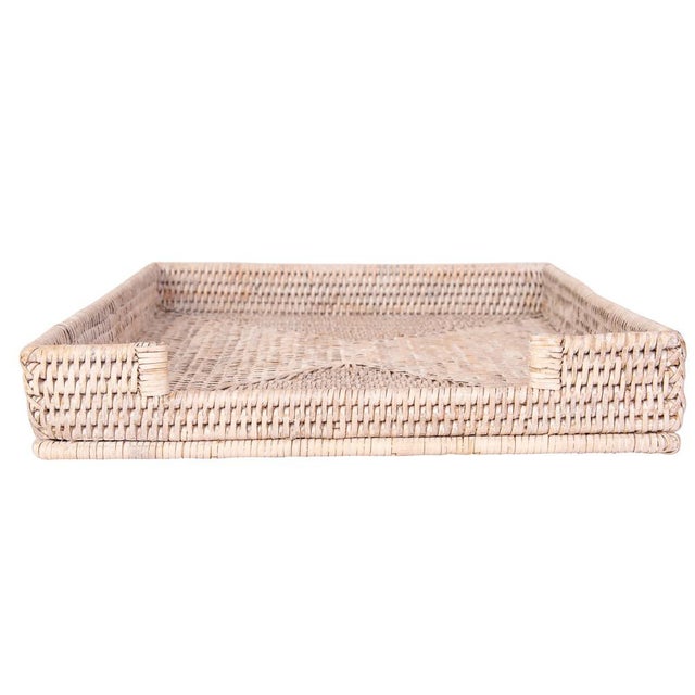 Boho Chic Artifacts Rattan Office Paper Tray in White Wash - 14" For Sale - Image 3 of 10