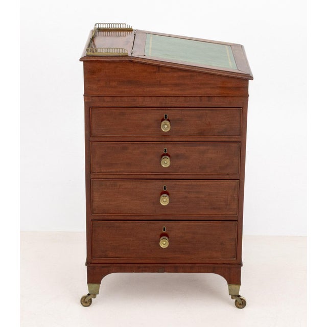 English Regency Mahogany Davenport Desk, 19th century, with three-quarter brass galleried and gilt-tooled and green...