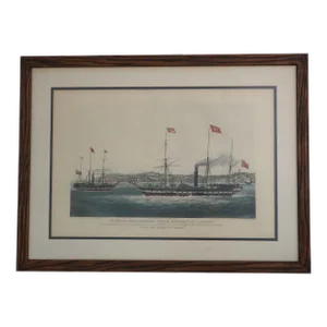 Vintage English Steamship Colored Engraving in Frame