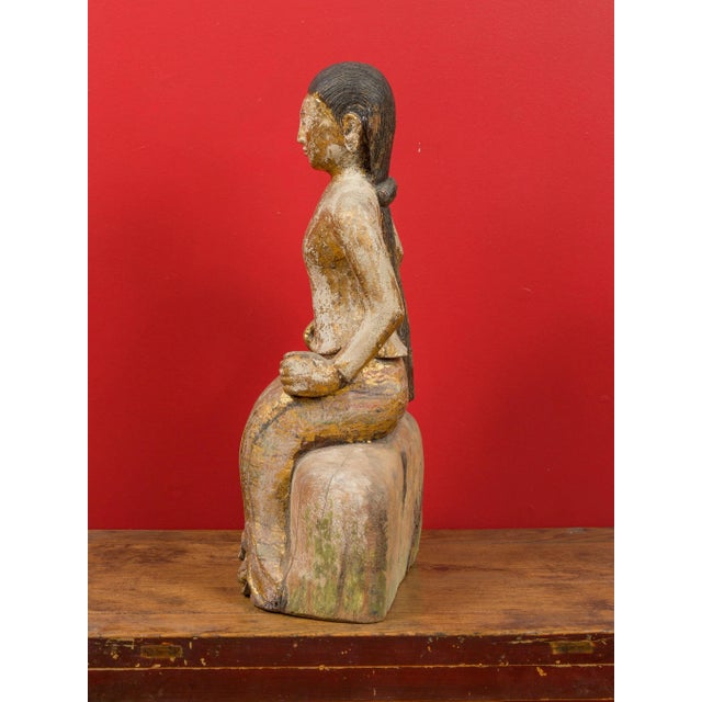 Burmese 19th Century Hand Carved, Gilded and Painted Sculpture of a Seated Woman For Sale In New York - Image 6 of 13