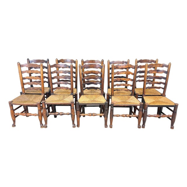 Georgian Farmhouse Ladderback Dining Chairs, Early 19th Century, Set of 10 For Sale