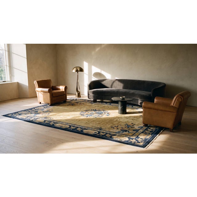 Cute Tan Background Color and blueFlower Border Medallion/Crest Pattern Antique Chinese Peking Rug For Sale - Image 13 of 14