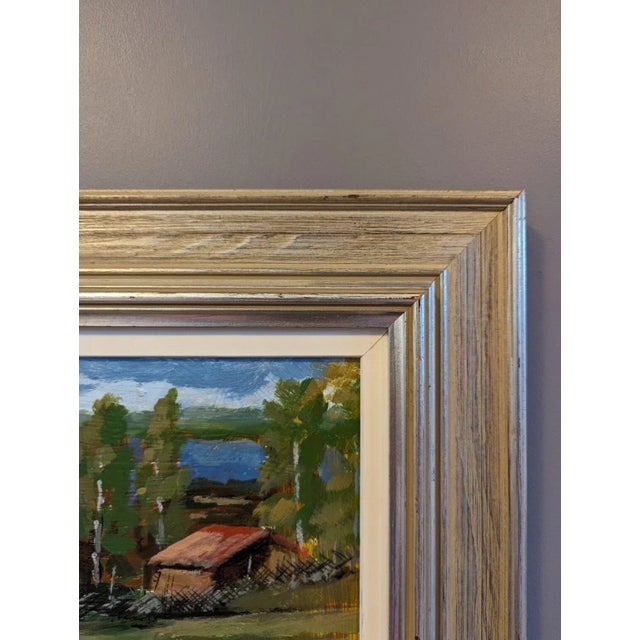 Mid-Century Modern Swedish "Red Houses in Nature" Vintage Expressive Landscape Oil Painting, Framed For Sale - Image 9 of 12