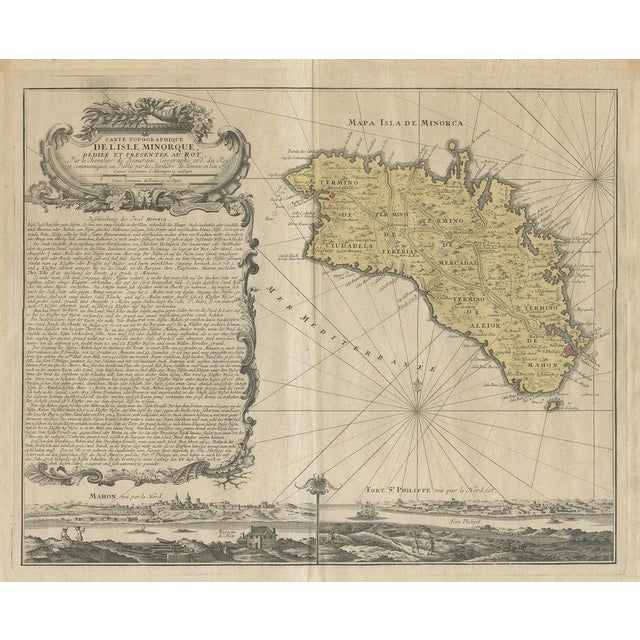 Antique map titled 'Carte Topographique de l'Isle Minorque'. Scarce decorative map of Menorca (or Minorca), with two...