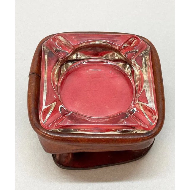 1950s Mid-Century French Brown Leather and Glass Ashtray by Jacques Adnet, 1950s For Sale - Image 5 of 18
