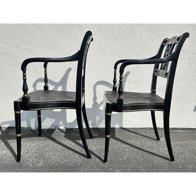 Pair of Vintage Regency-Style Ebonized and Parcel Gilt Armchairs, Circa 1980s For Sale - Image 9 of 12