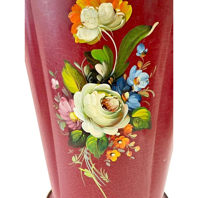 French Provincial Vintage French Provincial Red Tole Floral Hand-Painted Umbrella or Walking Stick Stand For Sale - Image 3 of 12